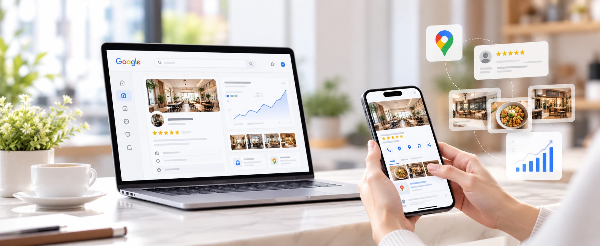 A Google Business Profile on a laptop and a phone: photos, a 5-star review and a growing chart
